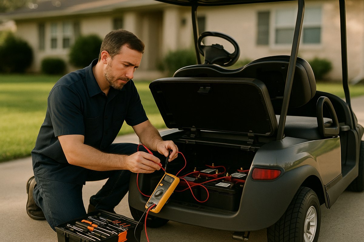A technician load testing a golf cart battery pack on a driveway